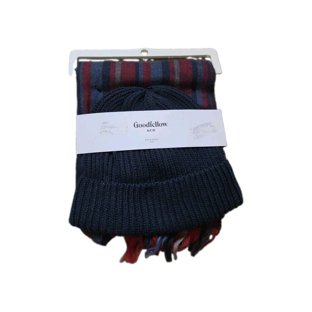 NWT Goodfellow & Co Hat & Scarf Set Blue Red Striped Knit Beanie One Size